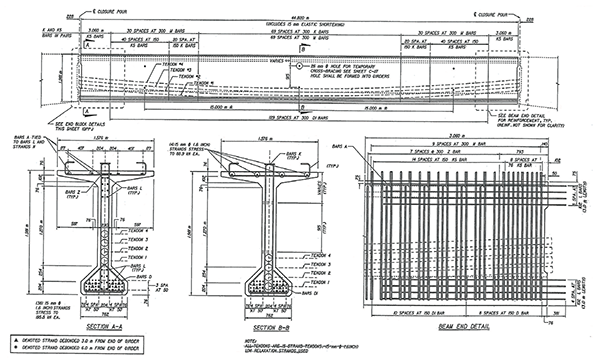 Figure 98. Illustration. Modified Florida bulb-T78 beam drop-in segment. This figure shows modified Florida bulb-T78 beam drop-in segment with tendon profiles, reinforcement details, and typical sections.