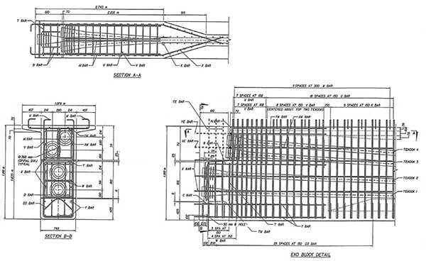 Figure 99. Illustration. Modified Florida bulb-T78 beam end block detail. This figure shows modified Florida bulb-T78 beam end block detail with tendon profiles, reinforcement details, and typical sections.