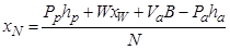 x subscript N equals the quantity P subscript p times h subscript p plus W times x subscript W plus V subscript a times B minus P subscript a times h subscript a all divided by N.