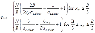 q subscript toe equals N divided by B times open parentheses 2 times B divided by 3 times x subscript N times a subscript s,shear minus 1 divided by a subscript s,shear plus 1 closed parentheses for x subscript N less than or equal to B divided by 3 or N divided by B times open parentheses 3 divided by a subscript s,shear minus 6 times x subscript N divided by B times a subscript s,shear plus 1 closed parentheses for B divided by 3 less than or equal to x subscript N less than or equal to B divided by 2.