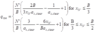 q subscript toe equals N prime divided by B times open parentheses 2 times B divided by 3 times x subscript N prime times a subscript s,shear minus 1 divided by a subscript s,shear plus 1 closed parentheses for x subscript N prime less than or equal to B divided by 3 or N prime divided by B times open parentheses 3 divided by a subscript s,shear minus 6 times x subscript N prime divided by B times a subscript s,shear plus 1 closed parentheses for B divided by 3 less than or equal to x subscript N prime less than or equal to B divided by 2.