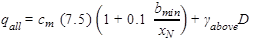 q subscript all equals c subscript m times open parentheses 7.5 closed parentheses times open parentheses 1 plus 0.1 times b subscript min divided by x subscript N closed parentheses plus gamma subscript above times D.