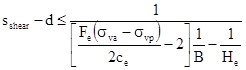 s subscript shear minus d is less than or equal to 1 divided by open bracket F subscript e times open parentheses sigma subscript va minus sigma subscript vp closed parentheses divided by 2 times c subscript e minus 2 closed bracket times 1 divided by B minus 1 divided by H subscript e.