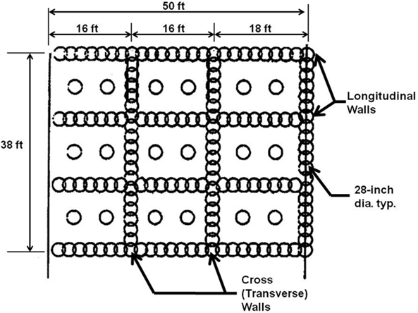 This illustration shows a plan view of grids of overlapping deep mixed columns with two isolated columns within each grid box. The design was used in the Bay Area Rapid Transit (BART) project in California. 