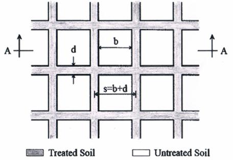 . This illustration shows a plan view of grids of overlapping deep mixed columns with variable dimensions defined on the drawing. 