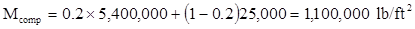 M subscript comp equals 0.2 times 5,400,000 plus open parenthesis 1 minus 0.2 closed parenthesis times 25,000 equals 1,100,000 poundforce per square foot.