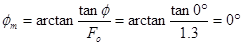 Phi subscript m equals the inverse tangent of tangent of phi divided by F subscript o equals the inverse tangent of tangent of 0 degrees divided by 1.3 equals 0 degrees.