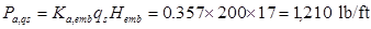 P subscript a,qs equals K subscript a,emb times q subscript s times H subscript emb equals 0.357 times 200 times 17 equals 1,210 poundforce per foot.