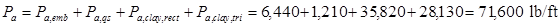 P subscript a equals P subscript a,emb plus P subscript a,qs plus P subscript a,clay,rect plus P subscript a,clay,tri equals 6,440 plus 1,210 plus 35,820 plus 28,130 equals 71,600 poundforce per foot.