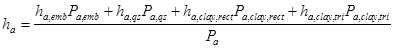 . h subscript a equals the quantity h subscript a,emb times P subscript a,emb plus h subscript a,qs times P subscript a,qs plus h subscript a,clay,rect times P subscript a,clay,rect plus h subscript a,clay,tri times P subscript a,clay,tri all divided by P subscript a equals the quantity 30.7 times 6,440 plus 33.5 times 1,210 plus 12.5 times 35,820 plus 8.33 times 28,130 divided by 71,600 equals 12.85 ft.