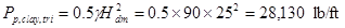 P subscript p,clay,tri equals 0.5 times gamma times H squared subscript dm equals 0.5 times 90 times 25 squared equals 28,130 poundforce per foot.