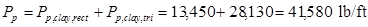 P subscript p equals P subscript p,clay,rect plus P subscript p,clay,tri equals 13,450 plus 28,130 equals 41,580 poundforce per foot.
