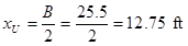x subscript U equals B divided by 2 equals 25.5 divided by 2 equals 12.75 ft.