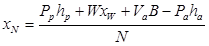 x subscript N equals the quantity P subscript p times h subscript p plus W times x subscript W plus V subscript a times B minus P subscript a times h subscript a divided by N equals the quantity 41,580 times 9.68 plus 84,470 times 14.11 plus 6,730 times 25.5 minus 71,600 times 12.85 divided by 84,470 equals 10.01 ft.