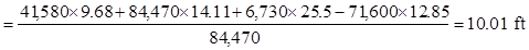the quantity 41,580 times 9.68 plus 84,470 times 14.11 plus 6,730 times 25.5 minus 71,600 times 12.85 divided by 84,470 equals 10.01 ft.