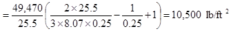 q subscript toe equals N prime divided by B times open parenthesis 2 times B divided by 3 times x subscript N prime times a subscript s,shear minus 1 divided by a subscript s,shear plus 1 closed parenthesis for x subscript N prime less than or equal to B divided by 3 equals 49,470 divided by 25.5 times open parenthesis 2 times 25.5 divided by 3 times 8.07 times 0.25 minus 1 divided by 0.25 plus 1 closed parenthesis equals 10,500 poundforce per square foot.