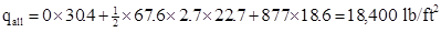 q subscript all equals 0 times 30.4 plus one-half times 67.6 times 2.7 times 22.7 plus 877 times 18.6 equals 18,400 poundforce per square foot.