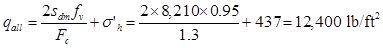 q subscript all equals the quantity 2 times s subscript dm times f subscript v divided by F subscript c plus sigma prime subscript h equals 2 times 8,210 times 0.95 divided by 1.3 plus 437 equals 12,400 poundforce per square foot.