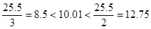 B divided by 3 is less than or equal to x subscript N is less than or equal to B divided by 2; 25.5 divided by 3 equals 8.5 which is less than 10.01 which is less than 25.5 divided by 2 equals 12.75.