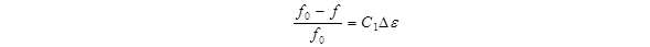 The equation calculates quantity: f subscript 0 (linear resonance frequency) minus f (resonance frequency at increased excitation amplitude) closed quantity, divided by f subscript 0 all set equal to C subscript 1 (coefficient proportional to material hysteresis) times.