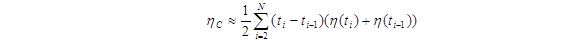 The equation calculates   subscript C as approximately equal to one-half the sum of quantity: t subscript i minus t subscript (i minus 1) closed quantity, times quantity   times t subscript i plus   times t subscript (i minus 1) closed quantity, over the interval of i from 2 to N.