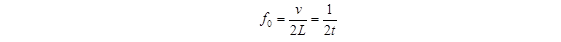 The equation calculates f subscript 0 as v (wave speed) divided by product of 2 times L (specimen thickness in direction of wave propagation), which equals 1 divided by product of 2 times t (time of flight).