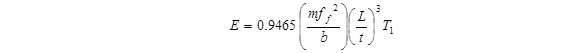 Equation calculates E (modulus of elasticity) as 0.9465 times quantity: m (mass of the bar) times f subscript f (fundamental resonant frequency of bar in flexure) squared divided by b (width of bar) closed quantity, times quantity: L (length of bar) divided by t (thickness of bar) closed quantity, cubed times T subscript 1 (correction factor for fundamental flexural mode).