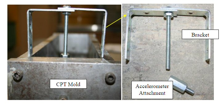 Alternative attachment techniques have been explored in an effort to improve robustness of the nonlinear impact resonance acoustic spectroscopy (NIRAS) technique. Casting a screw attachment into the sample was investigated to test whether improvements in consistency could be achieved. The very reactive Las Placitas aggregate was used in this assessment. The casting of the screw attachment was achieved using a bracket, which held the attachment during the casting as shown in the photo. Photo illustrates the concrete prism test mold, accelerometer attachment, and bracket.