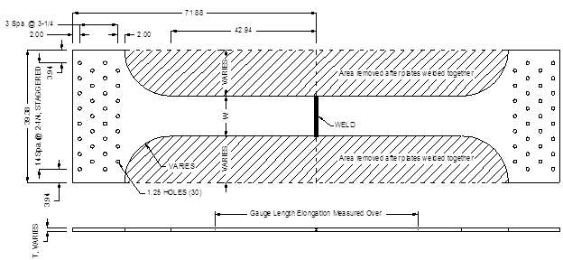This illustration shows a schematic of the overall test specimen geometry used in testing. The illustration shows a doubly symmetric shaped specimen. The specimen was created by butt-welding 2 rectangular plates that were individually 39.38 inches wide and 71.88 inches long. Once welded together, the test specimen was cut out of the larger rectangle by removing the center edges of the longer sides, such that the test specimen resembled the shape of a dog bone. At each end of the specimen were 4 rows of holes such that 30 bolts could fasten the specimen to the loading fixture.