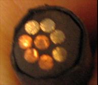 This photo shows a close-up of a coupled multi-electrode corrosion sensor (CMAS). It illustrates a cross section of the sensor with eight electrodes embedded in insulation material. 