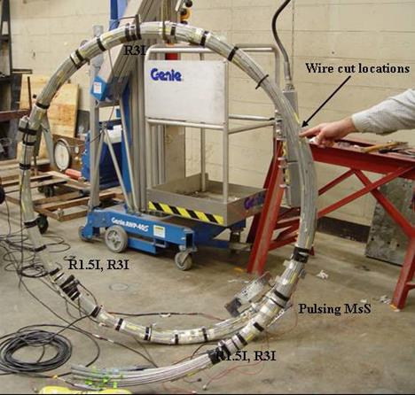 This photo shows the location of the wire cuts and sensors on the strand. The length of the strand was 19 ft (5.78 m). For this test, the R1.5I and R3I sensors were used as receivers, and the magnetostrictive (MS) sensor was used as a pulser. The strand was monitored before any of the wires were cut to create a baseline as well as every time after a wire was cut. The R1.5I sensors were located 5 and 17 ft (1.53 and 5.16 m) from the MS, while the R3I sensors were located at 5, 10, and 17 ft (1.53, 3.05, and 5.16 m) from the MS system. The wire cuts were located 13 ft (3.97 m) from the MS position.