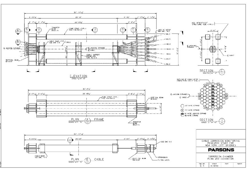 This illustration shows a drawing of a cable mockup and corrosion chamber with the plan and elevation. 