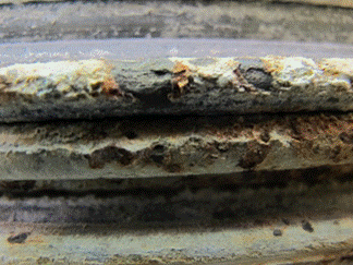 This photo shows a close-up view of wires with localized corrosion under the stainless steel strap. The surface of the wire is visibly uneven as black pits break up the wire surface which is covered in white zinc oxide. 