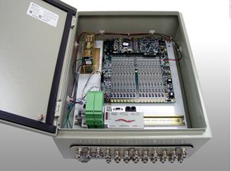 This photo shows a Sensor Highway II System. The Sensor Highway II SystemTM has up to 16 high-speed channels and 16 standard parametric input channels (expandable to over 100). The system is placed in a weather proof NEMA 4 enclosure and rated for outdoor use. The system is able to accept a variety of sensors with current and voltage outputs through its use of standard, industrial DIN rail-mounted signal conditioning modules. 