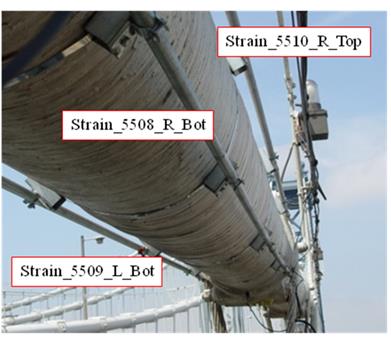 This photo shows the actual locations of mounted Surveillance dâ€™Ouvrages par Fiber Optiques (SOFO) and multiplexed strain and temperature (MuST) fiber-optic, which include eyebars, an anchorage, and a cable panel. 