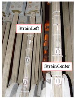 Two multiplexed strain and temperature (MuST) deformation sensors are shown mounted on individual strands in the anchorage. The strands sit on the eyebars at the bottom of the image and are anchored at the top of the image. The fiber optic sensors are shown mounted on the top of two strands measuring the strain on the left portion of the cable and that of the center portion of the cable. 