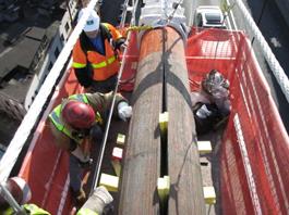 This photo shows preparing a cable by unwrapping and wedging it. 