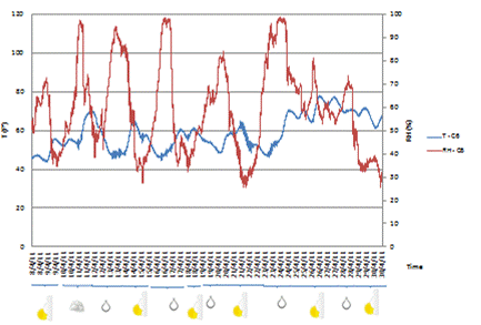 This graph shows temperature and relative humidity recorded by sensor C6 on the Manhattan side of the Manhattan Bridge during April 2011. The left y-axis shows temperature from 0 to 120 °F (0 to 48.89 °C), the right y-axis shows relative humidity from 0 to 100 percent, and the x-axis shows time in 1-day increments. Temperature is represented by a solid blue line, and relative humidity is represented by a solid red line. Temperature levels fluctuated between 40 and 70 °F for the first 23 days of the month. The temperature increased to range between 60 and 80 °F for the remaining 8 days. The averages were approximately 55 and 70 °F, respectively. Relative humidity values fluctuated between 30 and 100 percent. Wide swings were recorded in the data with a mean value of approximately 65 percent.