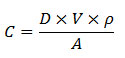 This equation calculates the surface concentration of salts C. C equals the product of D (concentration of doping solution) times V (volume of doping solution) times rho (density of doping solution) divided by A (surface area).