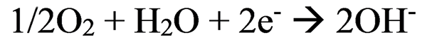Figure 11. Equation. Reduction reaction at cathode. 
   1 divided by 2O subscript 2 plus H subscript 2 O plus 2e 
   superscript minus reacts to form 2OH superscript minus.