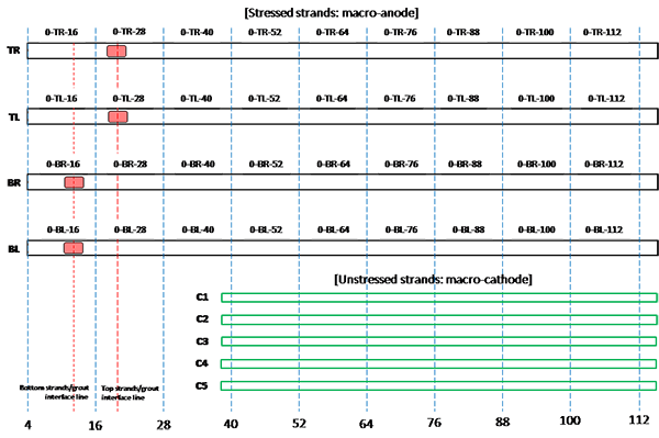 Figure 201. Illustration. Condition mapping of 0 percent chloride multi-strand specimen. This illustration shows condition mapping results of 0 percent chloride multi-strand specimens in a 12-inch grid system. Individual marks indicate where rust spots were observed on the stressed and unstressed strands. Four corrosion spots were observed on the stressed strands only. TR stands for top right strand, TL for top left strand, BR for bottom right strand, and BL for bottom left strand. C1 through C5 represent strand identifications for individual unstressed strands for macro-cathode.