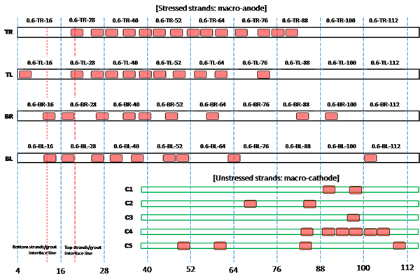 Figure 205. Illustration. Condition mapping of 0.6 percent chloride multi-strand specimen. This illustration shows condition mapping results of 0.6 percent chloride multi-strand specimens in a 12-inch grid system. Individual marks indicate where rust spots were observed on the stressed and unstressed strands. A total of 43 corrosion spots were observed on the stressed strands, and 15 were observed on the unstressed strands. TR stands for top right strand, TL for top left strand, BR for bottom right strand, and BL for bottom left strand. C1 through C5 represent strand identifications for individual unstressed strands for macro-cathode.