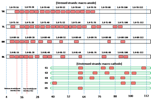 Figure 207. Illustration. Condition mapping of 1.0 percent chloride multi-strand specimen. This illustration shows condition mapping results of 1.0 percent chloride multi-strand specimens in a 12-inch grid system. Individual marks indicate where rust spots were observed on the stressed and unstressed strands. A total of 59 corrosion spots were observed on the stressed strands, and 17 were observed on the unstressed strands. TR stands for top right strand, TL for top left strand, BR for bottom right strand, and BL for bottom left strand. C1 through C5 represent strand identifications for individual unstressed strands for macro-cathode.