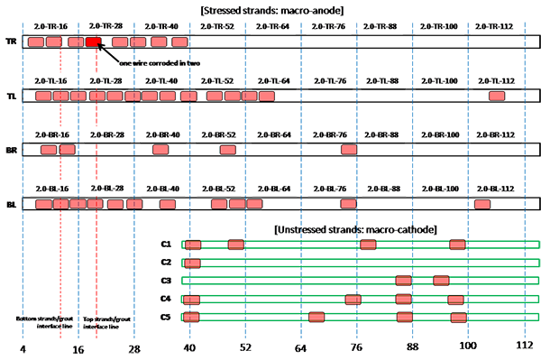 Figure 208. Illustration. Condition mapping of 2.0 percent chloride multi-strand specimen. This illustration shows condition mapping results of 2.0 percent chloride multi-strand specimens in a 12-inch grid system. Individual marks indicate where rust spots were observed on the stressed and unstressed strands. A total of 39 corrosion spots were observed on the stressed strands, and 15 were observed on the unstressed strands. TR stands for top right strand, TL for top left strand, BR for bottom right strand, and BL for bottom left 
strand. C1 through C5 represent strand identifications for individual unstressed strands for macro-cathode.