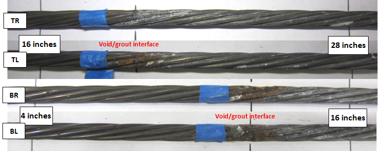 Figure 216. Photo. As-extracted condition of the stressed strands at the void/grout interface of 0 percent chloride multi-strand specimen. This photo shows two pairs of the stressed strand segments that passed through the void/grout interface of 0 percent chloride multi-strand specimen. Severe corrosion is present despite a chloride-free condition.