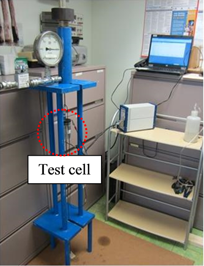 Figure 22. Photo. Test cell for stressed wires. This photo an actual test cell installed in the middle section of a 5-ft-long stressed wire. 