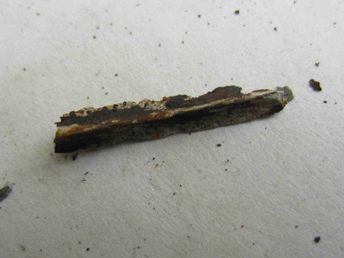 Figure 236. Photo. Heavily rust-stained grout fragment that fell from the strand shown in figure 235. This photo shows a rust-stained small piece of grout that fell from the strand shown in figure 235.