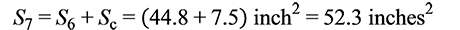 Figure 45. Equation. Total surface area of seven wires. S subscript 7 equals S subscript 6 plus S subscript c equals open parenthesis 44.8 plus 7.5 closed parentheses inch squared equals 52.3 inches squared.