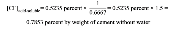 Figure 85. Equation. Example of converting chloride concentration by weight of grout sample to chloride concentration by weight of cement without weight of mixing water. Open bracket Cl superscript minus closed bracket subscript acid-soluble equals 0.5235 percent times 1 divided by 0.6667 equals 0.5235 percent times 1.5 equals 
0.7853 percent by weight of cement without water.