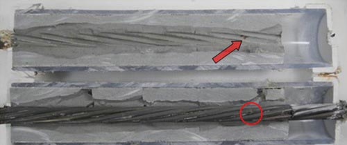 This photo shows a corroding strand removed from a voided 0.4 percent single-strand specimen. A rust spot is circled in red.